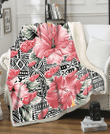 DET Pink Hibiscus Black Pattern White Background 3D Fleece Sherpa Blanket