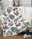 DAL Stars White Hibiscus Green Leaf White Background 3D Fleece Sherpa Blanket