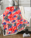 BUF Red Hibiscus Gray Leaf Beige Background 3D Fleece Sherpa Blanket