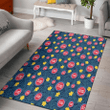DET Yellow Hibiscus Cadet Blue Leaf Navy Background Printed Area Rug