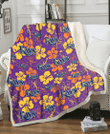 TB Rays Yellow And Orange Hibiscus Purple Background 3D Fleece Sherpa Blanket