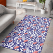 DET White Hibiscus Pattern Slate Blue Background Printed Area Rug