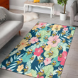 MIN Colorful Sketch Hibiscus Dark Green Background Printed Area Rug