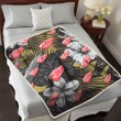 DET Gray Sketch Hibiscus Yellow Palm Leaf Black Background 3D Fleece Sherpa Blanket