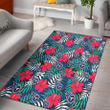 TEN Red Hibiscus Green Blue White Leaf Black Background Printed Area Rug