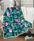 NYJ Pink Hibiscus Green Leaves Dark Background 3D Fleece Sherpa Blanket