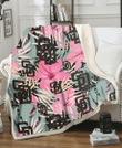 SD Light Pink Hibiscus Pale Green Leaf Black Background 3D Fleece Sherpa Blanket