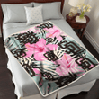 SD Light Pink Hibiscus Pale Green Leaf Black Background 3D Fleece Sherpa Blanket