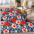 WSH Coral Red Hibiscus Blue Palm Leaf Black Background Printed Area Rug