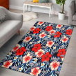 WSH Coral Red Hibiscus Blue Palm Leaf Black Background Printed Area Rug