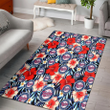 MIN Coral Red Hibiscus Blue Palm Leaf Black Background Printed Area Rug