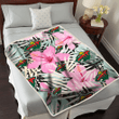 MIN Wild Light Pink Hibiscus Pale Green Leaf Black Background 3D Fleece Sherpa Blanket