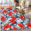 PHI White Tropical Leaf Red Hibiscus Navy Background Printed Area Rug