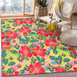 NO Red Hibiscus Green Blue Leaf Yellow Background Printed Area Rug