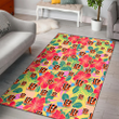CIN Red Hibiscus Green Blue Leaf Yellow Background Printed Area Rug