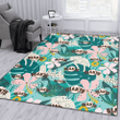 SF Pastel Hibiscus Palm Leaf Tiny Dot Green Background Printed Area Rug