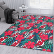 NJD Red Hibiscus Green Blue White Leaf Black Background Printed Area Rug