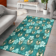 MIL Light Sea Green Hibiscus Green Background Printed Area Rug