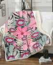 Montreal Canadiens Light Pink Hibiscus Pale Green Leaf Black Background 3D Fleece Sherpa Blanket