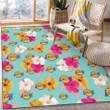 LAL Pink Yellow White Hibiscus Turquoise Background Printed Area Rug