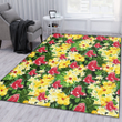 BOS Yellow Hibiscus Tropical Green Leaf Black Background Printed Area Rug