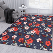 ARZ Red Pink White Hibiscus Black Background Printed Area Rug