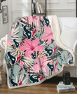 HST Light Pink Hibiscus Pale Green Leaf Black Background 3D Fleece Sherpa Blanket