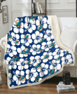 MIA Modern White Hibiscus Navy Background 3D Fleece Sherpa Blanket