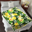 MIL Yellow Hibiscus Tropical Green Leaf Black Background 3D Fleece Sherpa Blanket