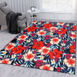 CHI Bulls Coral Red Hibiscus Blue Palm Leaf Black Background Printed Area Rug