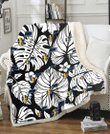 UTA White Hibiscus Porcelain Flower Palm Leaf Black 3D Fleece Sherpa Blanket