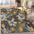 LAL Gray Sketch Hibiscus Yellow Palm Leaf Black Background Printed Area Rug