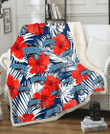 ORL White Tropical Leaf Red Hibiscus Navy Background 3D Fleece Sherpa Blanket