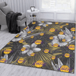 LAL Gray Sketch Hibiscus Yellow Palm Leaf Black Background Printed Area Rug