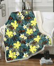 CLV Hibiscus Green Palm Leaf Black Background 3D Fleece Sherpa Blanket
