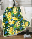 DET Yellow Hibiscus Tropical Green Leaf Black Background 3D Fleece Sherpa Blanket
