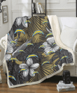 LAC Gray Sketch Hibiscus Yellow Palm Leaf Black Background 3D Fleece Sherpa Blanket