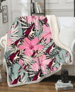 ARI Light Pink Hibiscus Pale Green Leaf Black Background 3D Fleece Sherpa Blanket