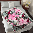 ARI Light Pink Hibiscus Pale Green Leaf Black Background 3D Fleece Sherpa Blanket