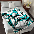 DAL Stars White Hibiscus Turquoise Wave Black Background 3D Fleece Sherpa Blanket