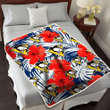 PIT White Tropical Leaf Red Hibiscus Navy Background 3D Fleece Sherpa Blanket