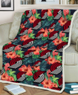 POR Orange Hibiscus Green Tropical Leaf Dark Background 3D Fleece Sherpa Blanket