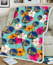GSW Pink Yellow White Hibiscus Turquoise Background 3D Fleece Sherpa Blanket