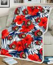 OTT White Tropical Leaf Red Hibiscus Navy Background 3D Fleece Sherpa Blanket