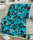 UTA Blue Hibiscus Blue Coconut Tree Black Background 3D Fleece Sherpa Blanket