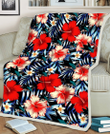 SJS Coral Red Hibiscus Blue Palm Leaf Black Background 3D Fleece Sherpa Blanket