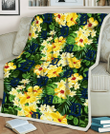 DET Yellow Hibiscus Tropical Green Leaf Black Background 3D Fleece Sherpa Blanket