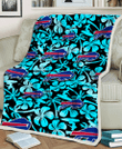 BUF Blue Hibiscus Blue Coconut Tree Black Background 3D Fleece Sherpa Blanket