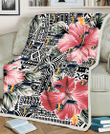 UTA Pink Hibiscus Black Pattern White Background 3D Fleece Sherpa Blanket