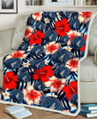 MIN Coral Red Hibiscus Blue Palm Leaf Black Background 3D Fleece Sherpa Blanket